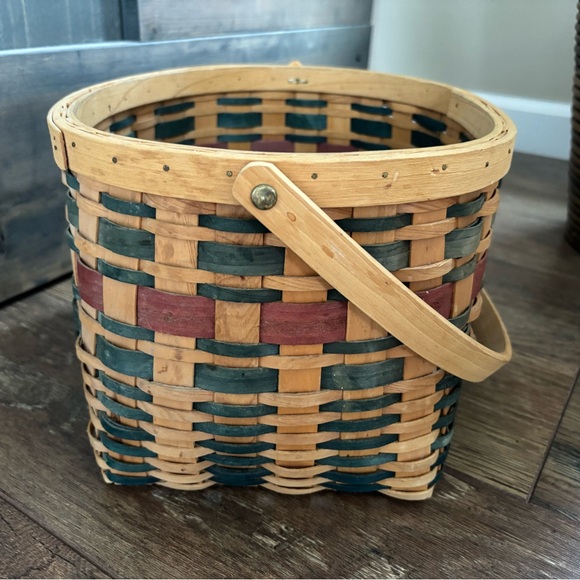 Oval Basket with Handle in Natural Brown, Green & Red/Maroon Colors - Picture 3 of 6